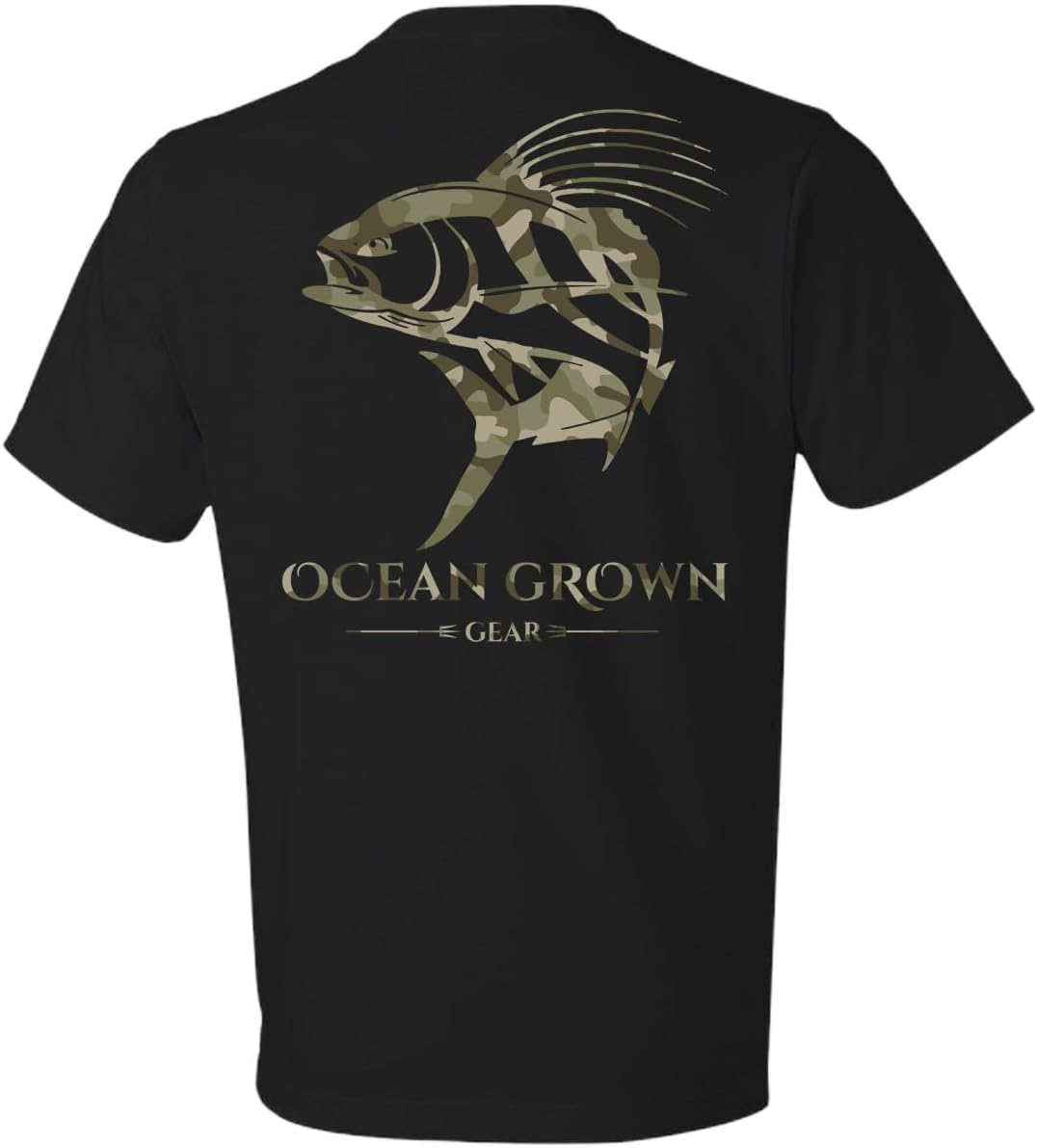 Ocean Grown Fishing Shirts for Men | Camo Rooster Fish T-Shirt | Short Sleeve Graphic Tee - Black