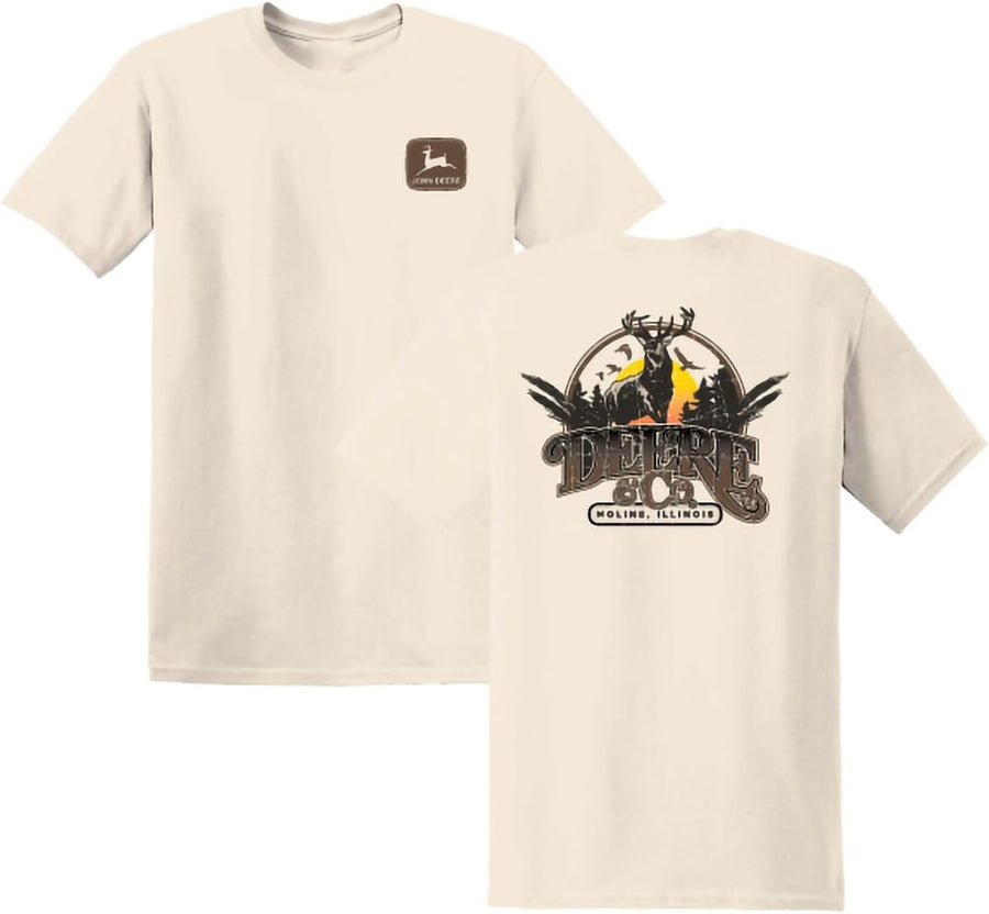 John Deere Mens Deer Buck Sunset Tshirt in Latte/Beige - Latte