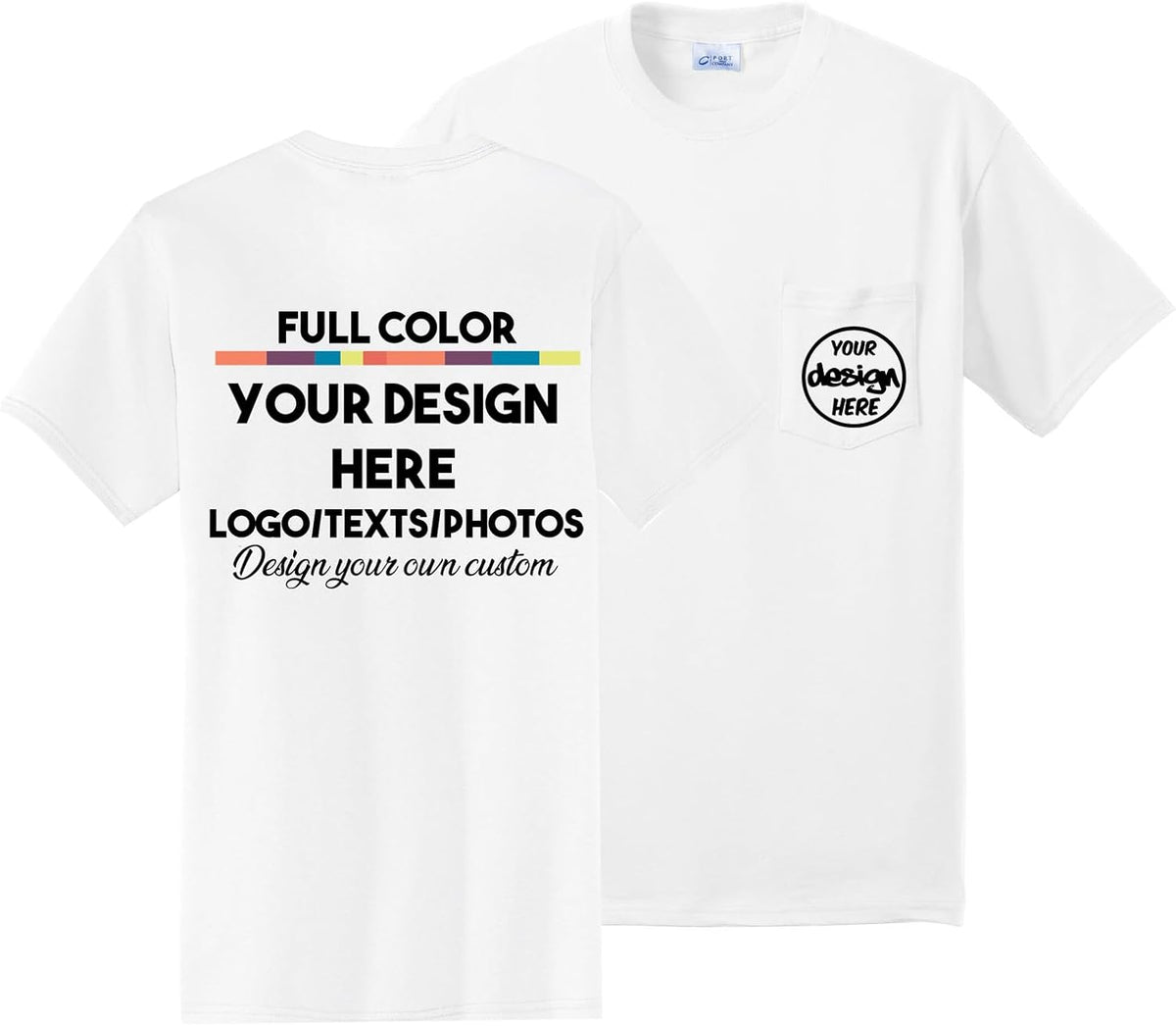 INK STITCH Unisex Pc55p Custom Printing Logo Texts Photo Front Back Pocket Cotton Tees - White