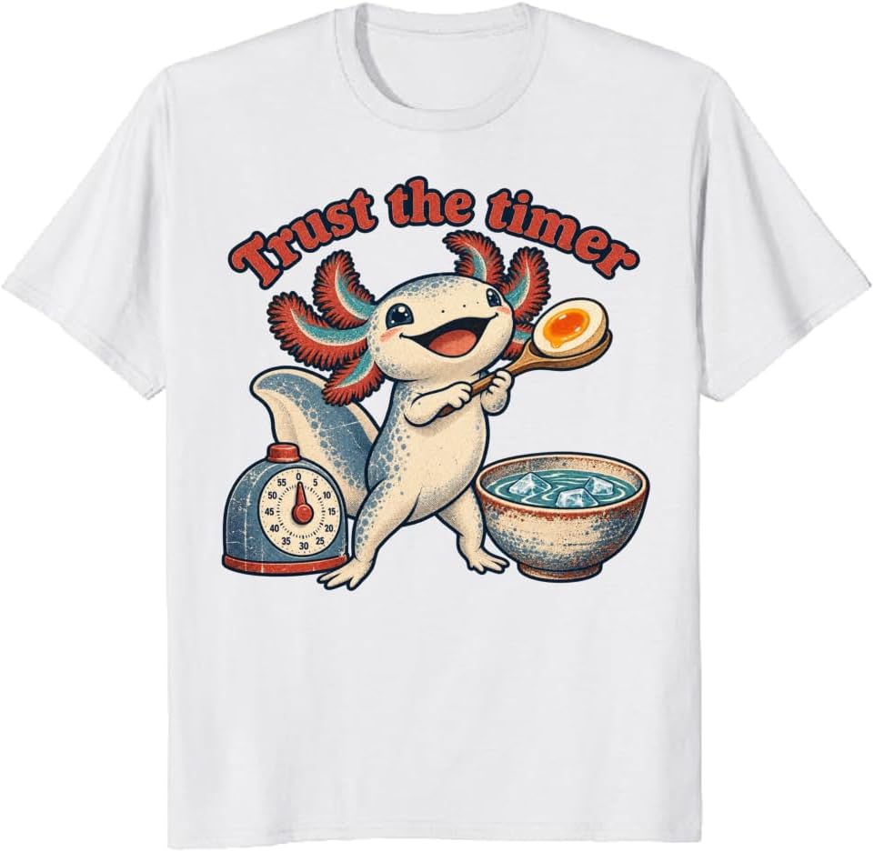Axolotl Cooking T-Shirt Vintage Ramen Egg Timer Graphic Tee - S7