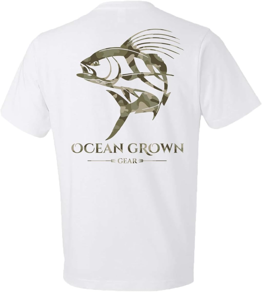 Ocean Grown Fishing Shirts for Men | Camo Rooster Fish T-Shirt | Short Sleeve Graphic Tee - White