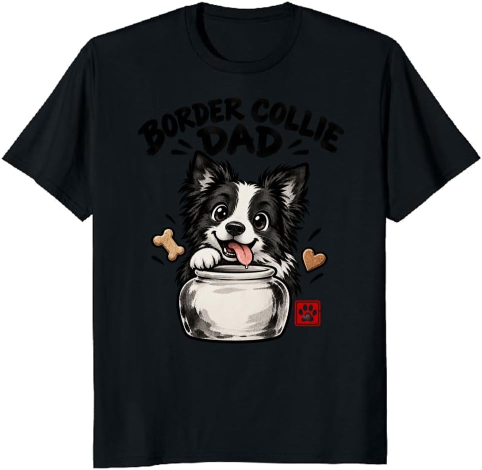 Border Collie Dad T-Shirt Sumi-E Treat Jar Chibi Graphic Tee - S3