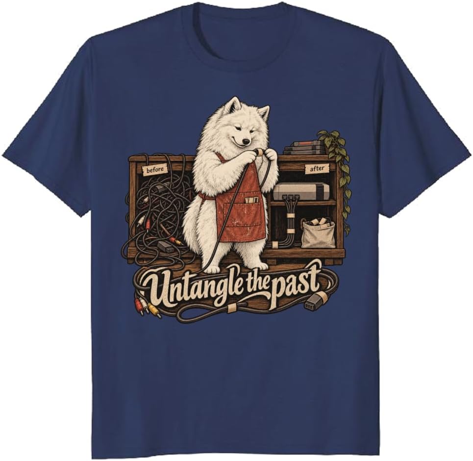 Gamer Dog T-Shirt Retro Samoyed Cable Organizer Graphic Tee - S3