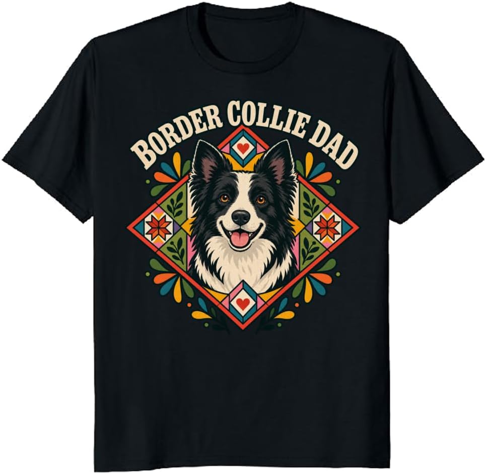 Border Collie Dad T-Shirt Retro Stained Glass Dog Portrait Tee - S7