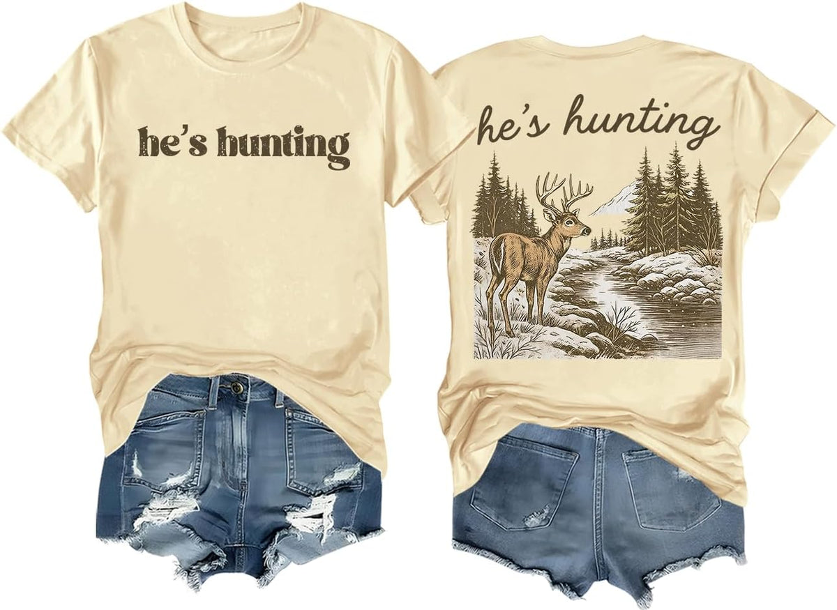 He's Hunting Shirt Hes Hunting Deer Shirt Vintage Women Men Tee - Crew Neck Crew-creamy Yellow