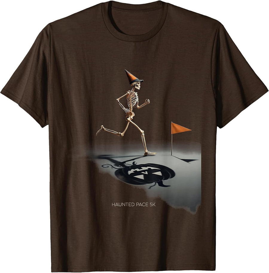 Haunted Pace 5K Minimalist Skeleton Runner Halloween Fun Run T-Shirt - Brown