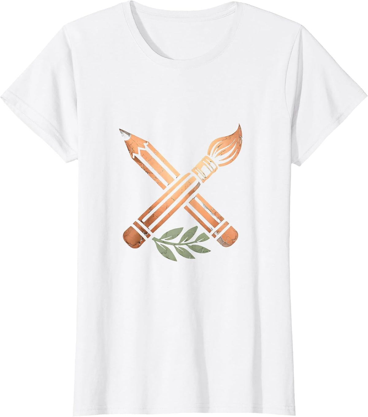 Crossed Pencil and Paintbrush Emblem Graphic T-Shirt - White