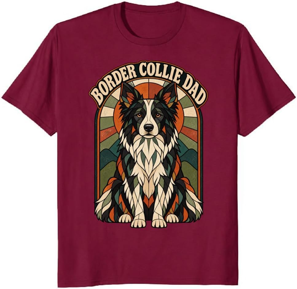 Border Collie Dad T-Shirt Retro Stained Glass Dog Portrait Tee - S4