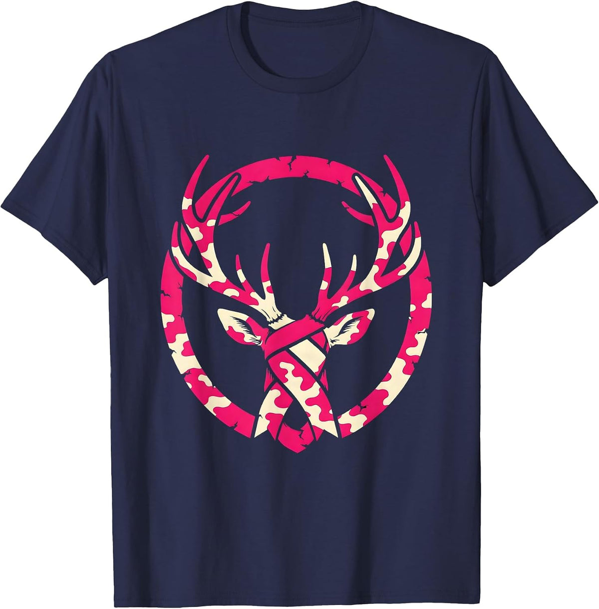 Pink Camo Deer Antlers Ribbon Hunting Design T-Shirt - Navy Blue