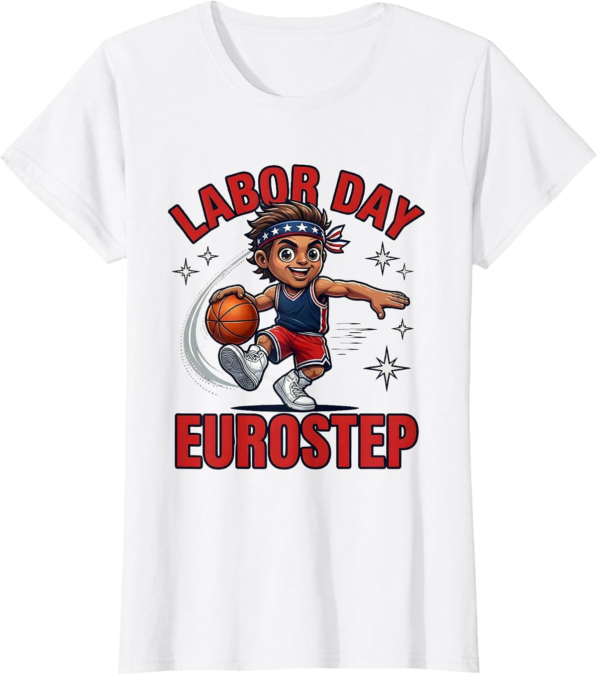 Women's LABOR DAY EUROSTEP Cartoon Basketball Player Patriotic T-Shirt - White