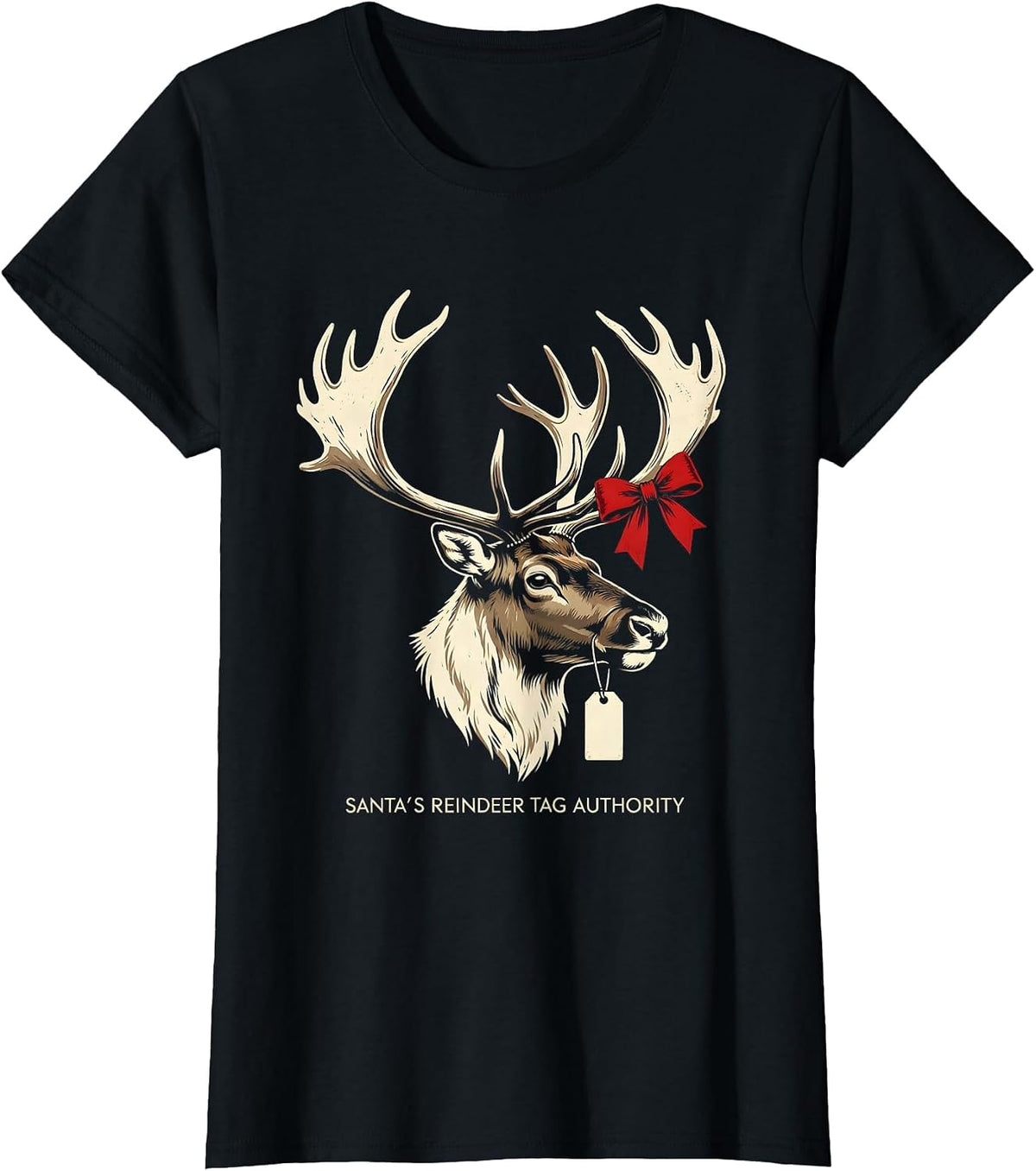Santa's Reindeer Tag Authority Funny Deer Hunter Christmas T-Shirt - Black