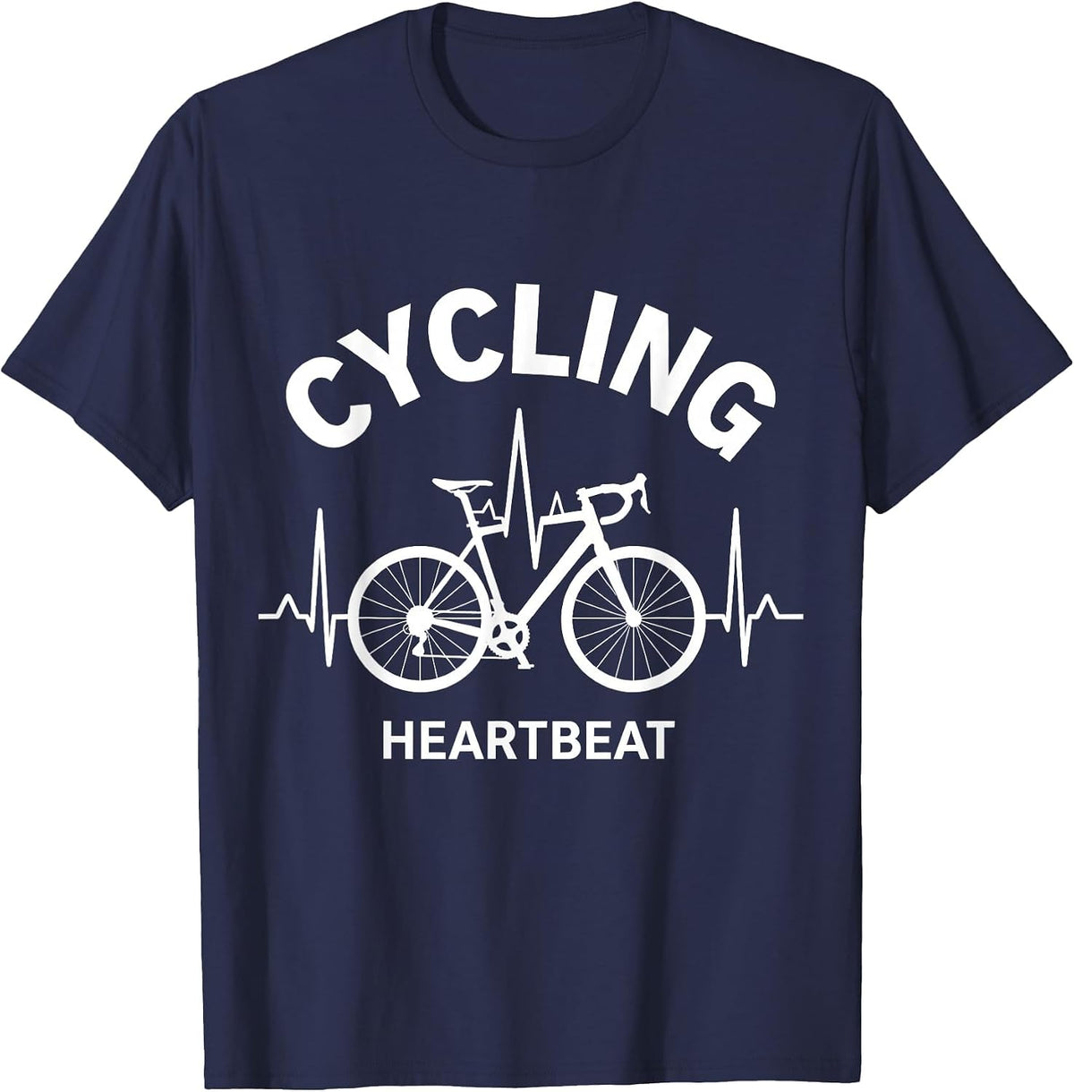 Men's Cycling Heartbeat Monochromatic Bicycle Pulse Line T-Shirt - Navy Blue