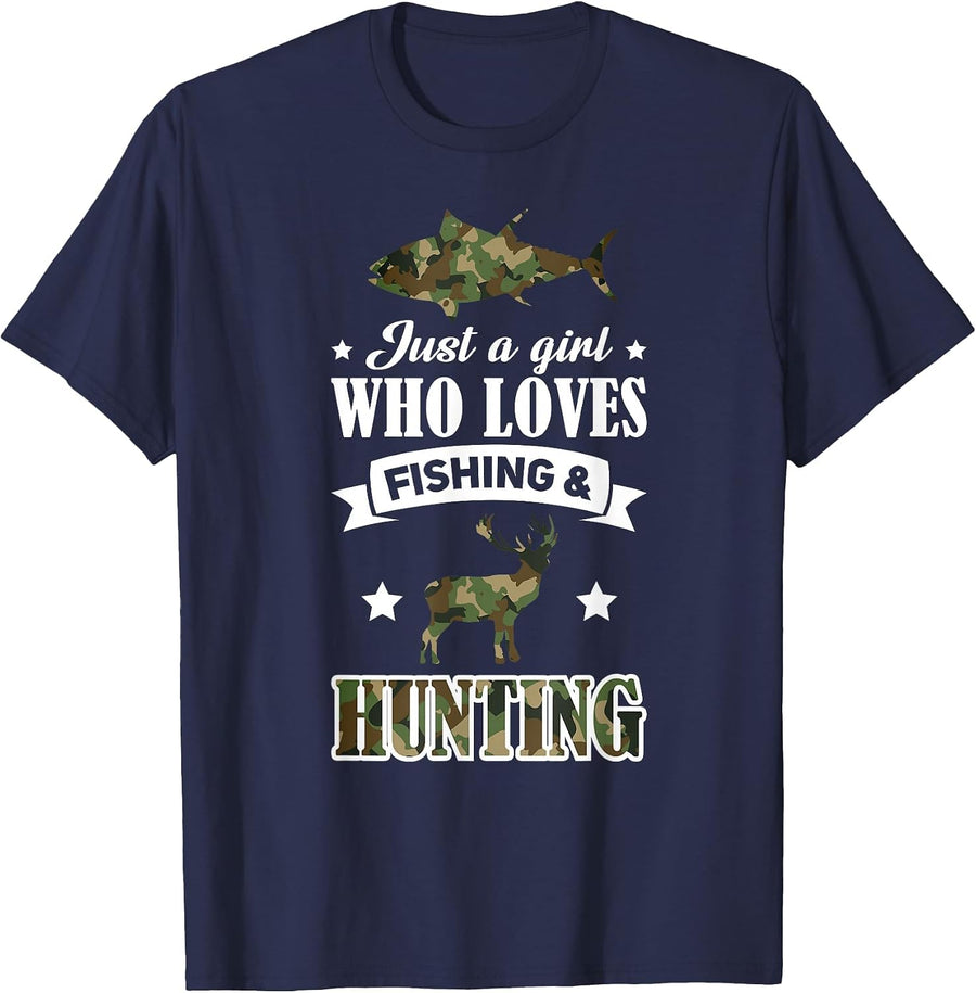 Just a Girl who Loves Fishing & Hunting Hunter Deer T-Shirt - Navy Blue