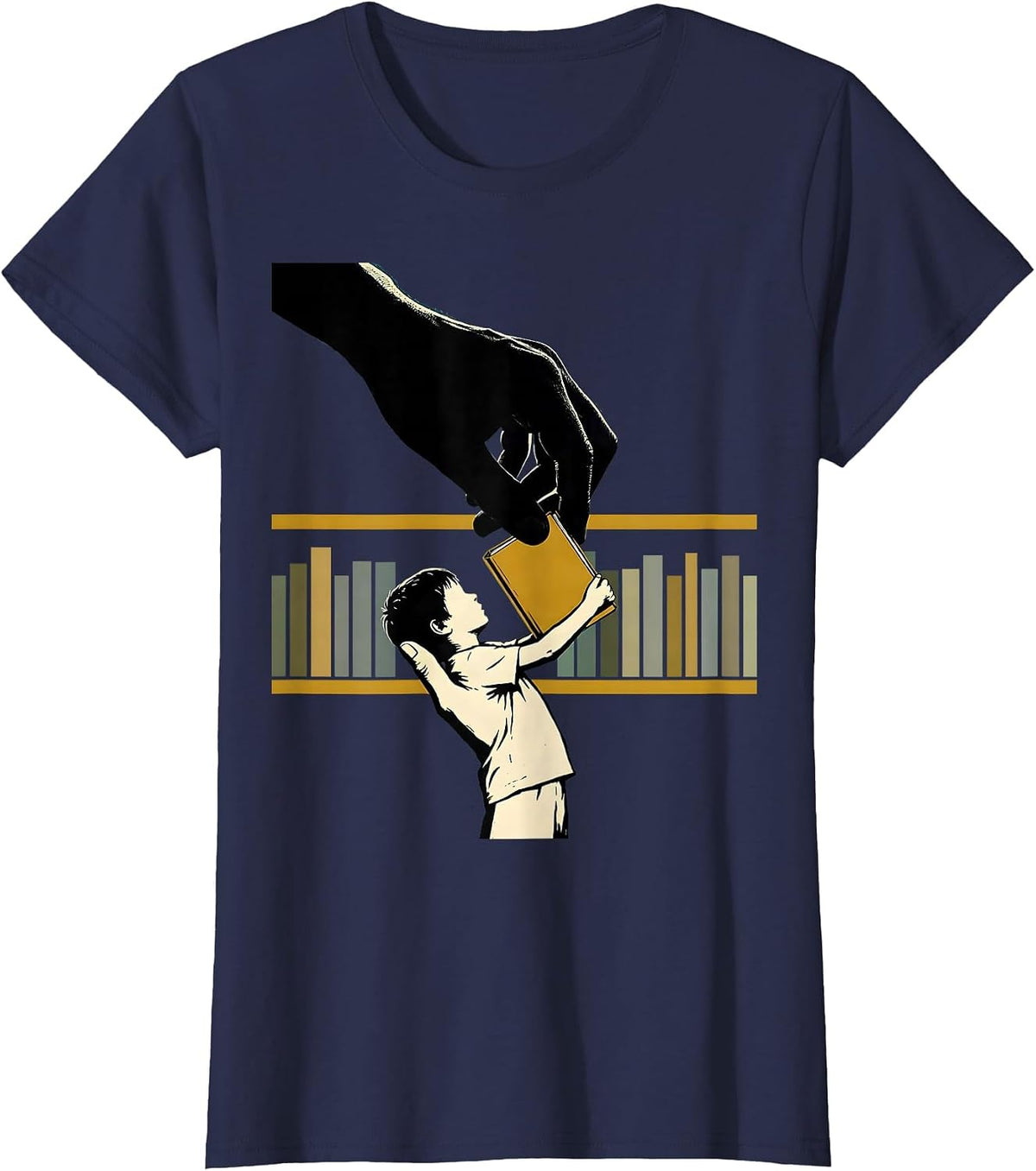 Women's Book Hand Gift Screenprint School Librarian Reader T-Shirt - Navy Blue