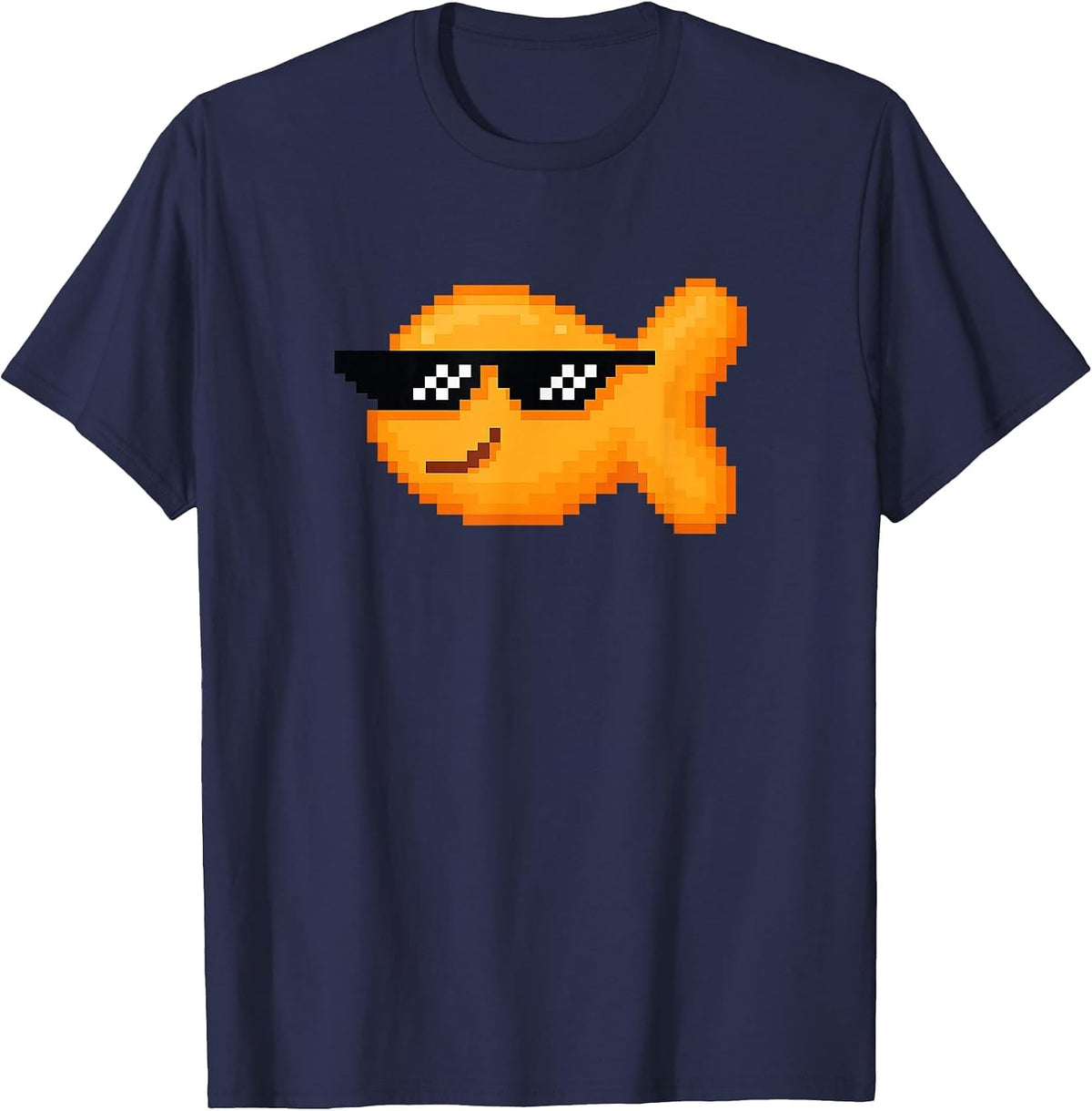 Pixelated Goldfish Snack with Thug Pixel Sunglasses T-Shirt - Navy Blue
