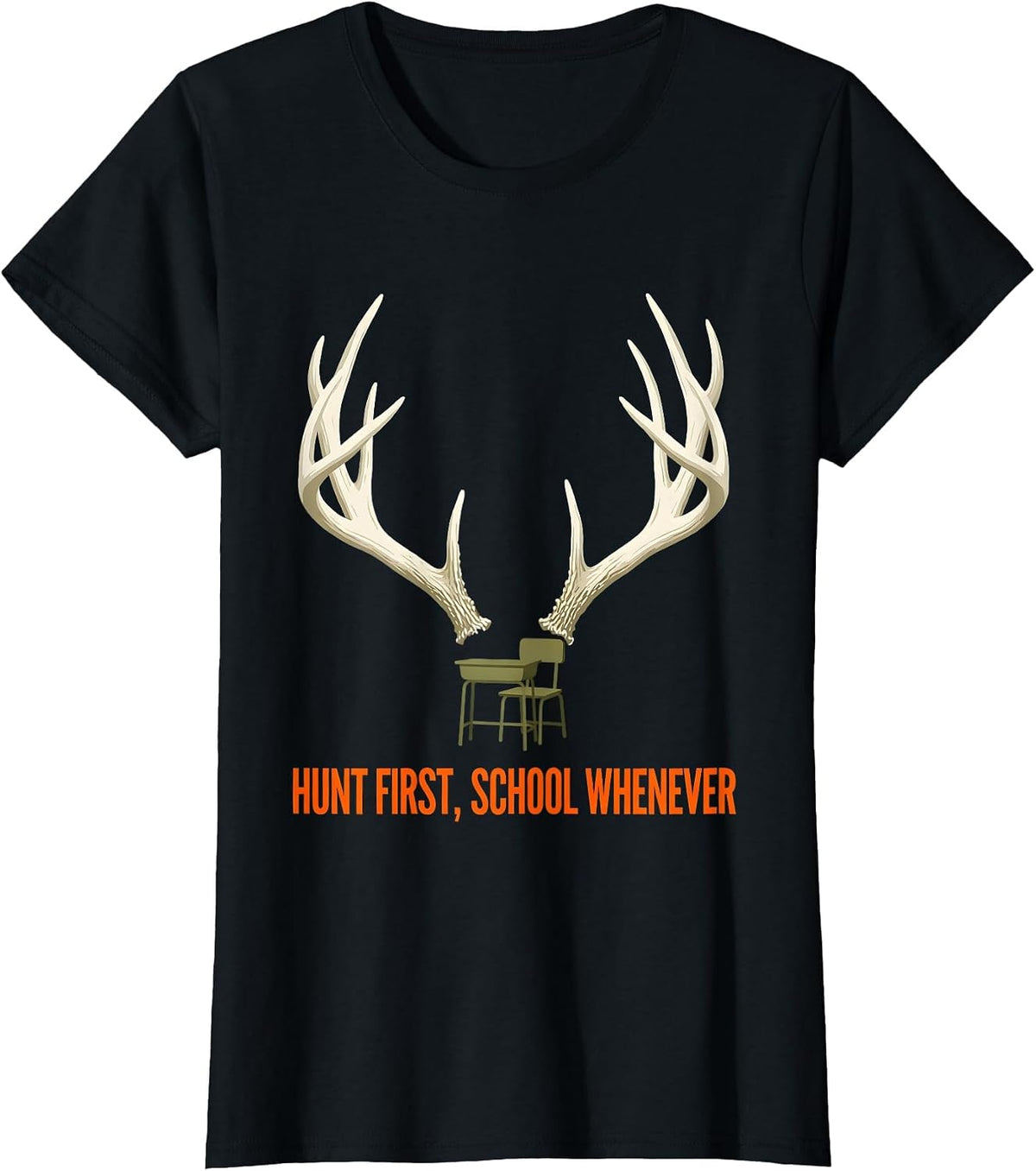 Hunt First School Whenever Funny Deer Hunting Camo Dad Humor T-Shirt - Black