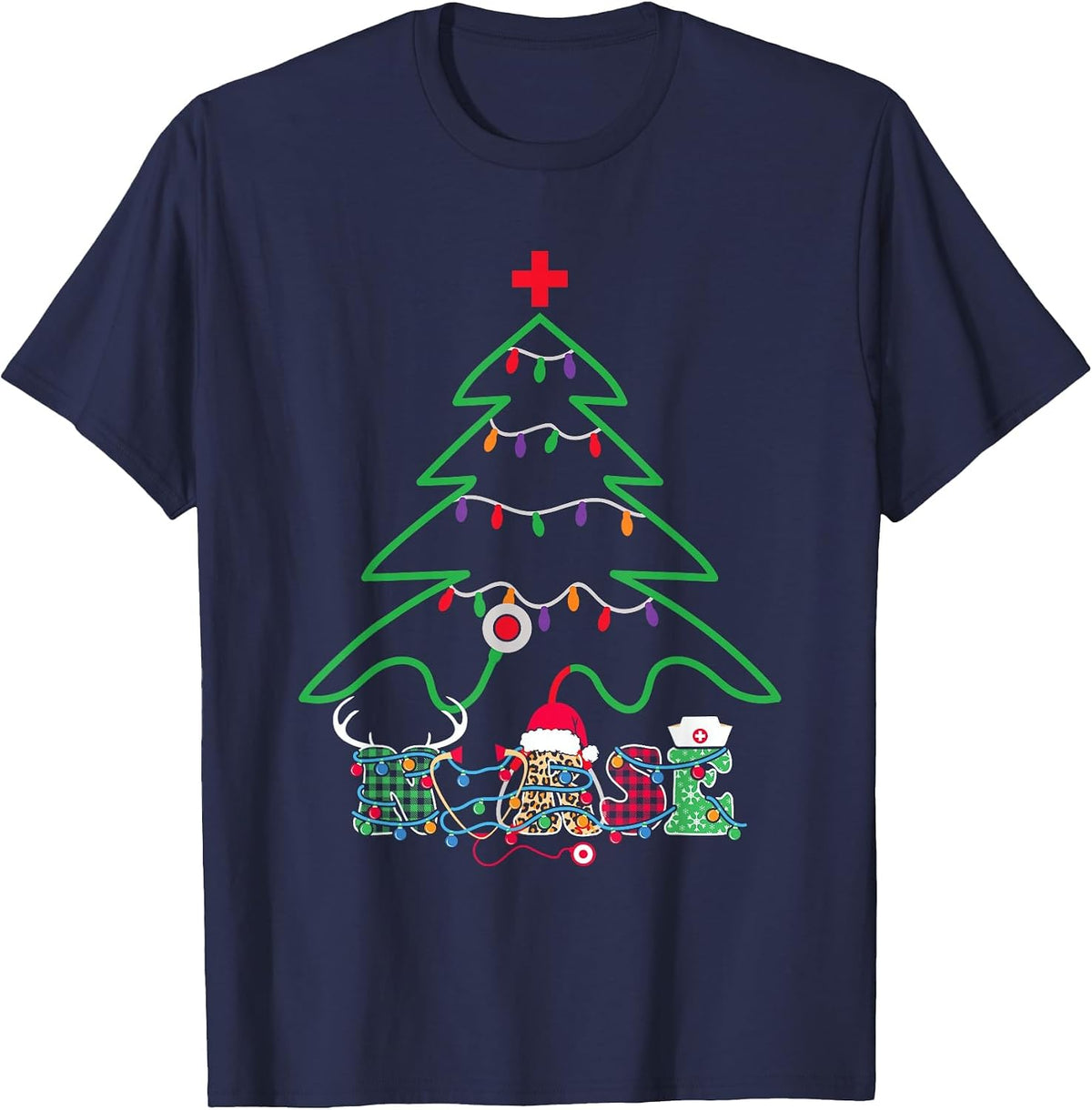 Stethoscope Christmas Tree Nurse Christmas Scrub Top Xmas T-Shirt - Navy Blue