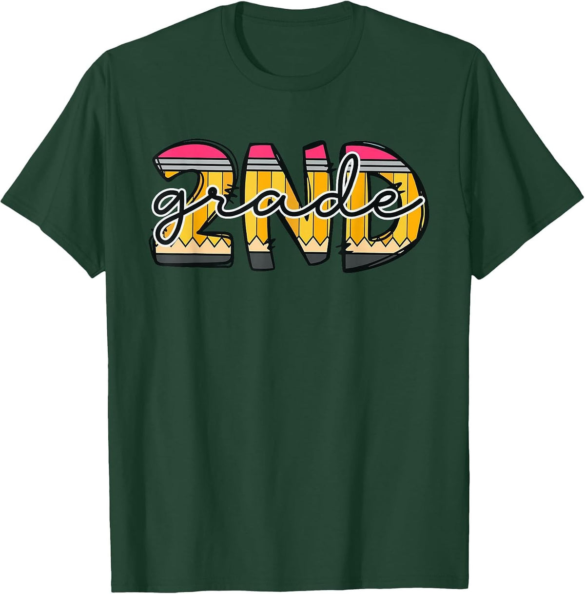 Second Grade Teacher Pencil Back to School Boys Girls T-Shirt - Dark Green
