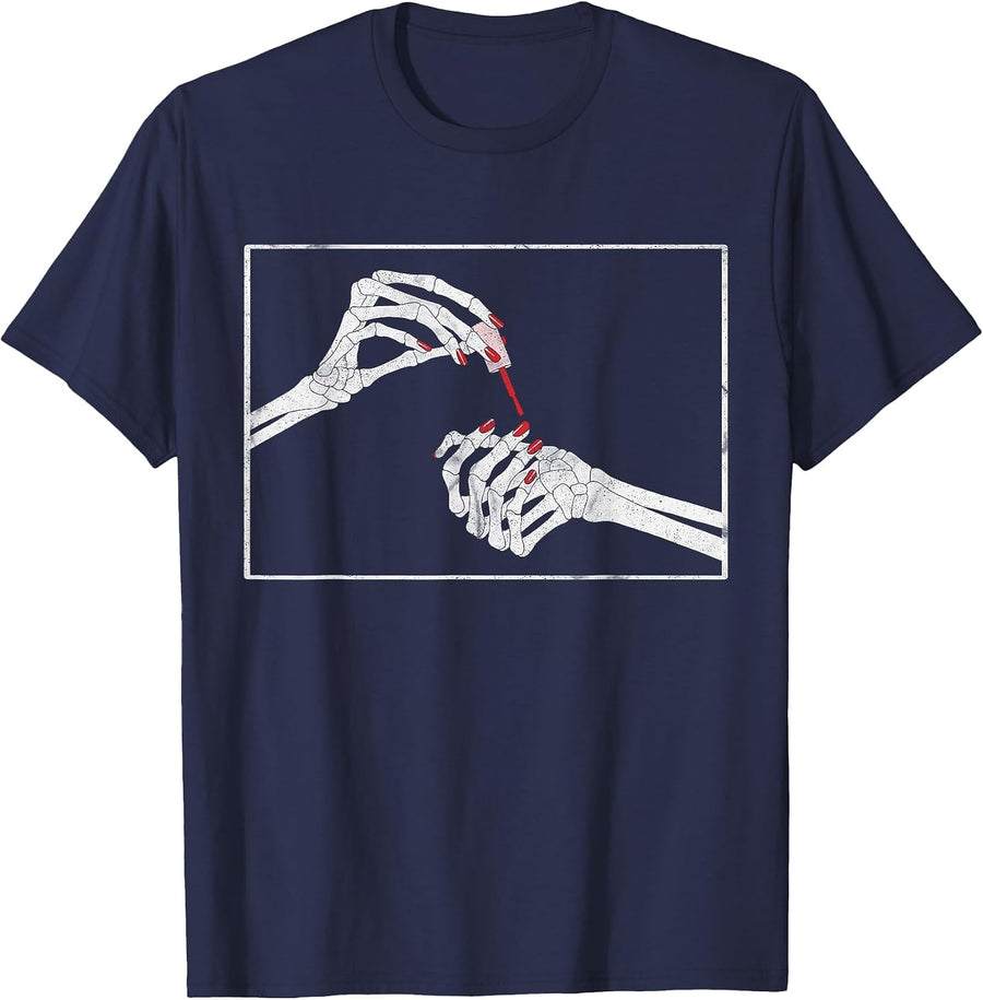 Halloween's Fave Nail Tech: Skeleton Manicurist T-Shirt - Navy Blue