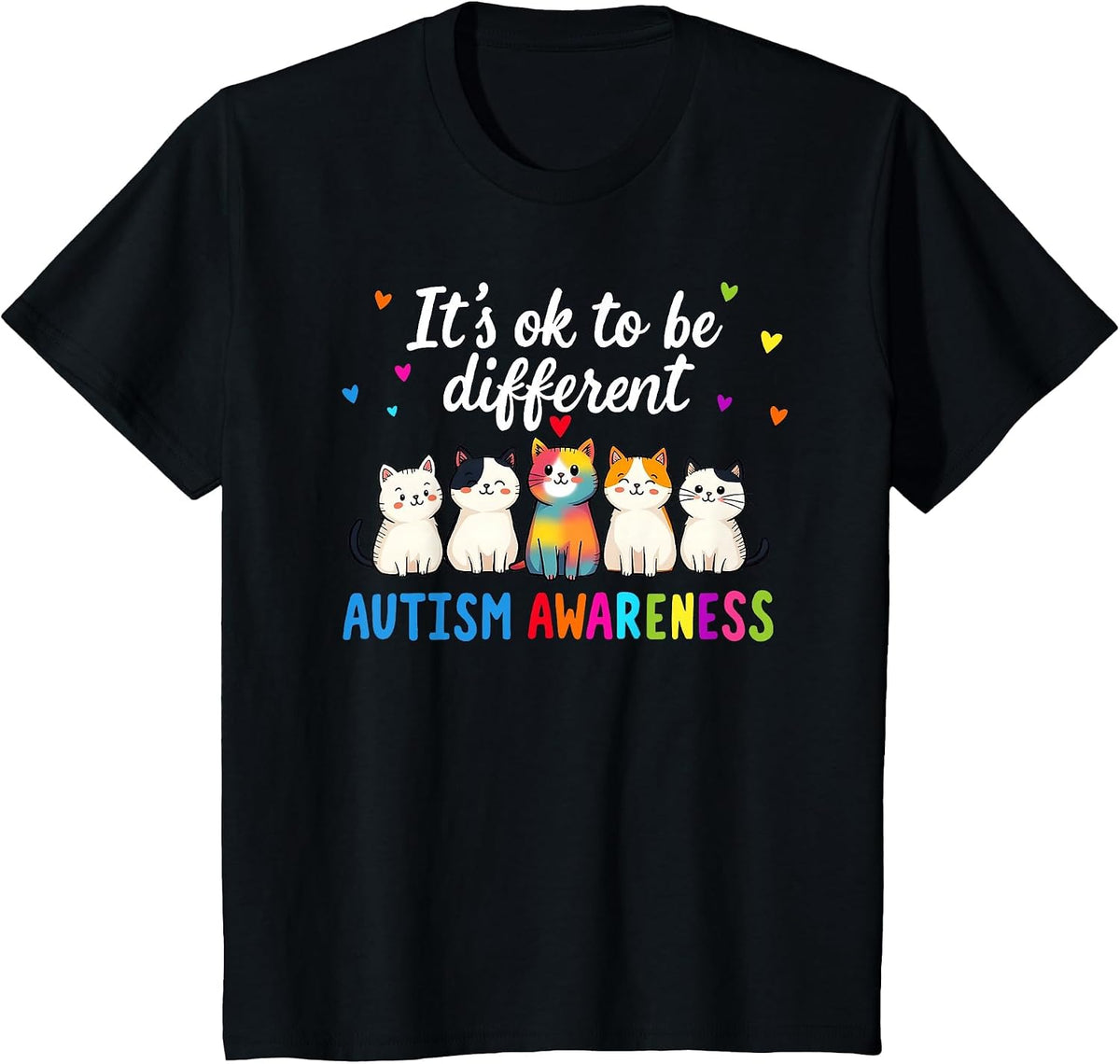 Autism Awareness Cat It's Okay to Be Different Funny Design T-Shirt - Black