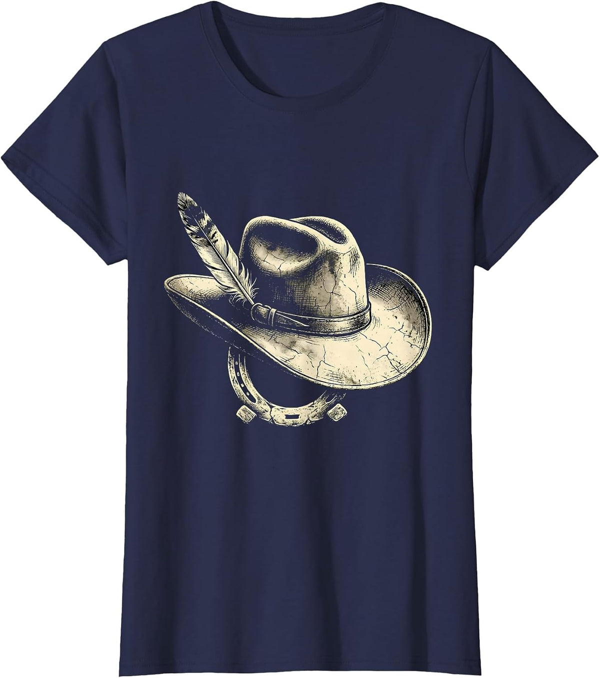 Women's Cowgirl Hat Feather and Horseshoe Graphic T-Shirt - Navy Blue