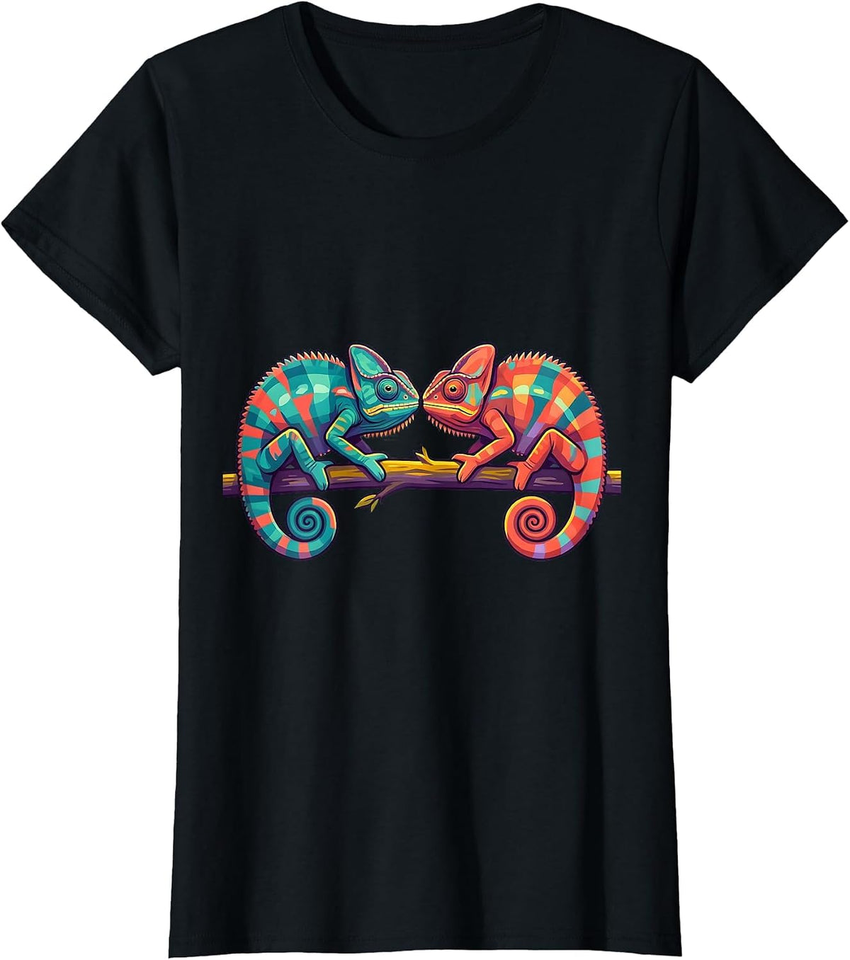 Twin Day Chameleons on Branch Matching Design T-Shirt - Black
