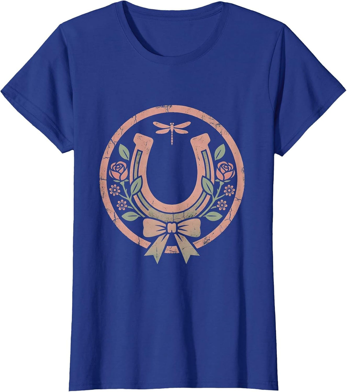 Women's Rhinestone Horseshoe with Roses Country Music Design T-Shirt - Royal Blue