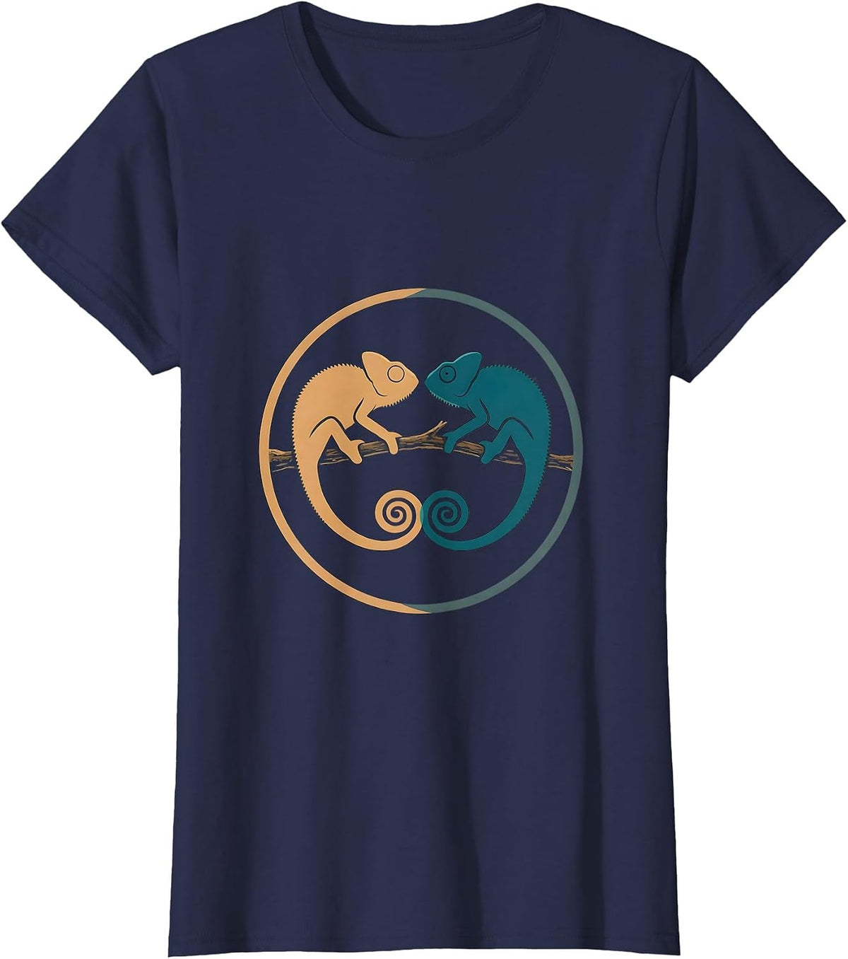 Women's Twin Day Matching Chameleons on a Branch T-Shirt - Navy Blue