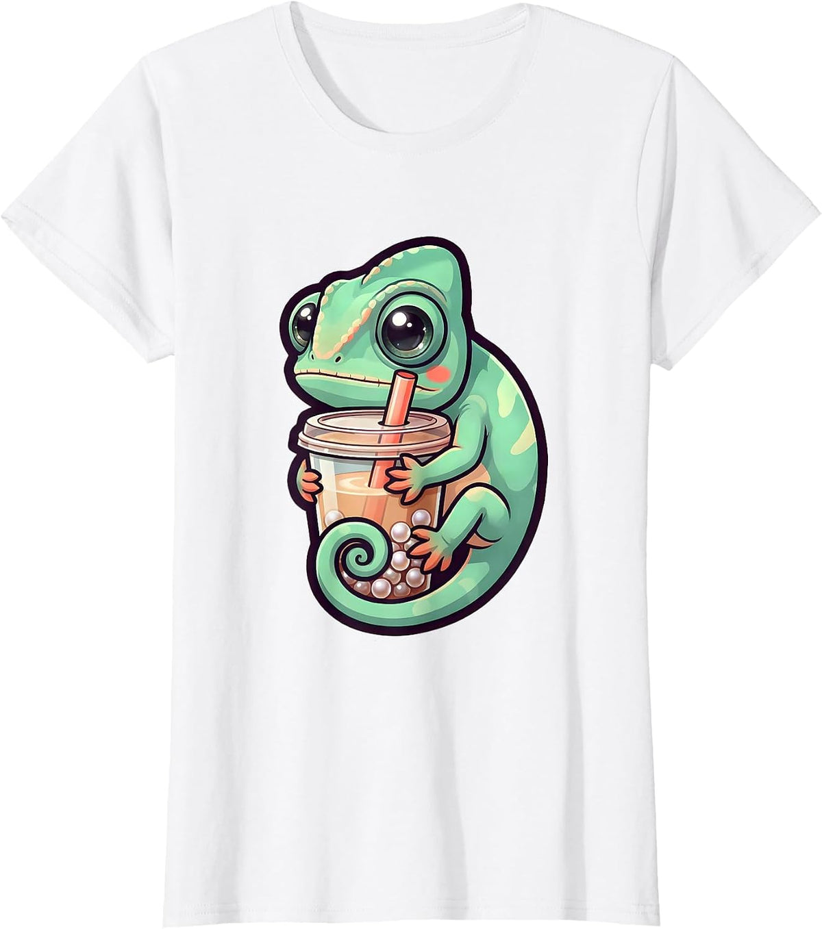 Chibi Chameleon Kawaii Boba Tea Anime Girl T-Shirt - White