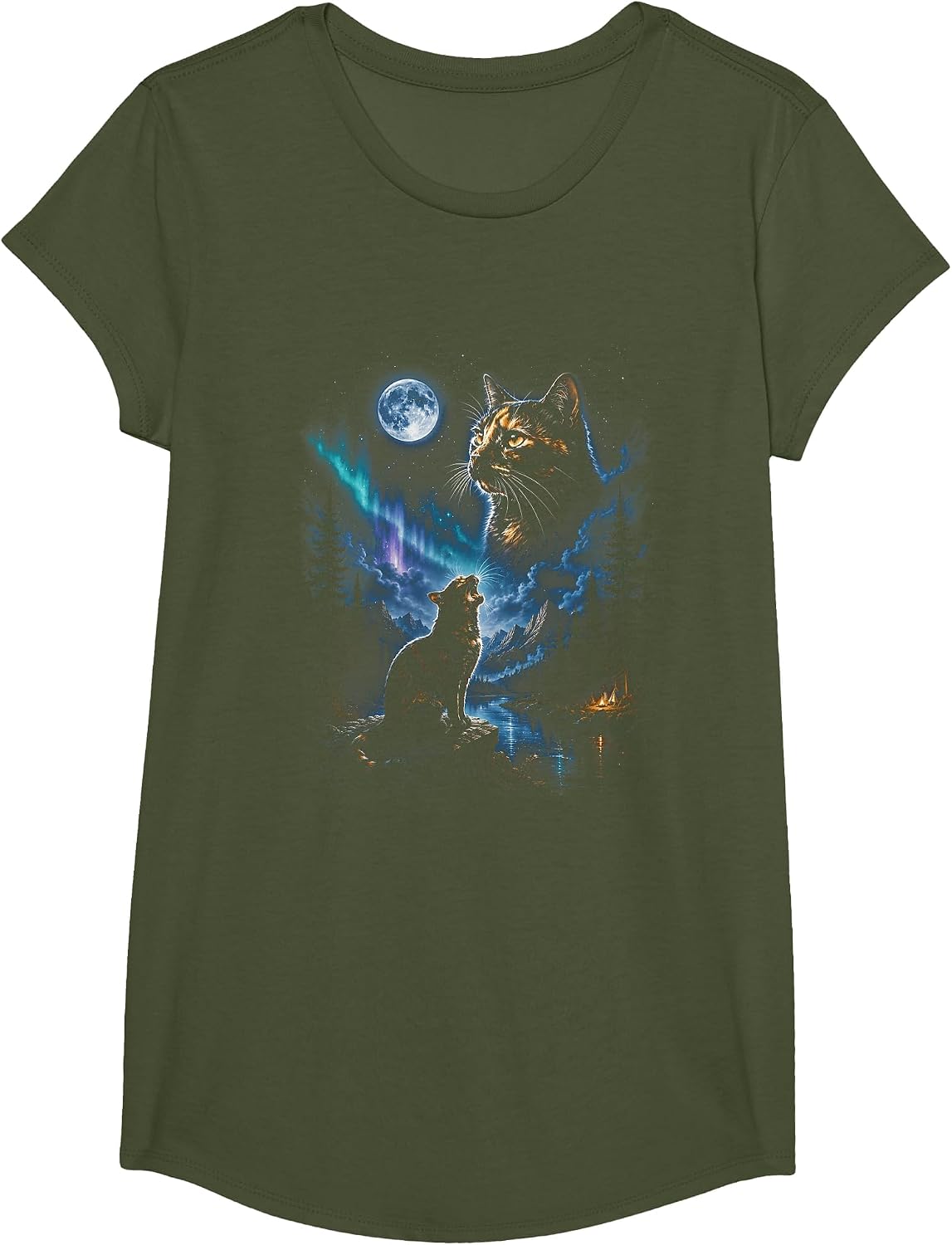 Tortoiseshell Cat Howling at Moon Vintage Cat Halloween T-Shirt - Girls Olive Green