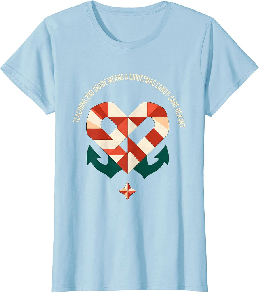 Women's Teaching 2nd Grade Means A Christmas Candy-Cane Heart T-Shirt - Baby Blue