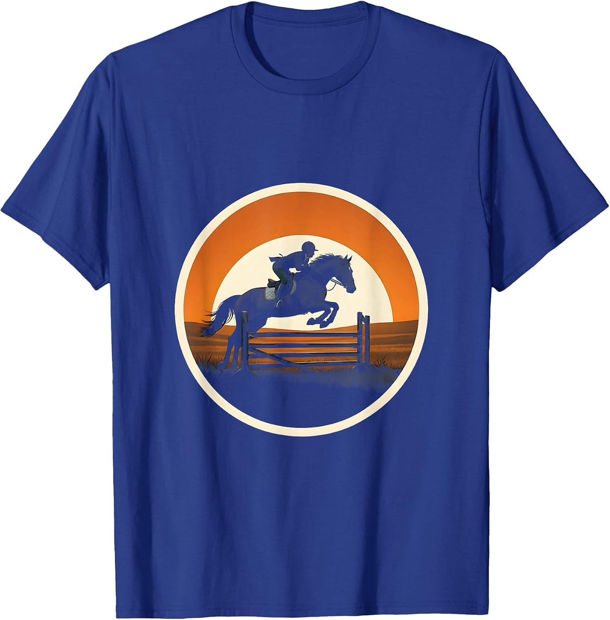 Show Jumper Soaring Over Fence Rails Equestrian T-Shirt - Royal Blue