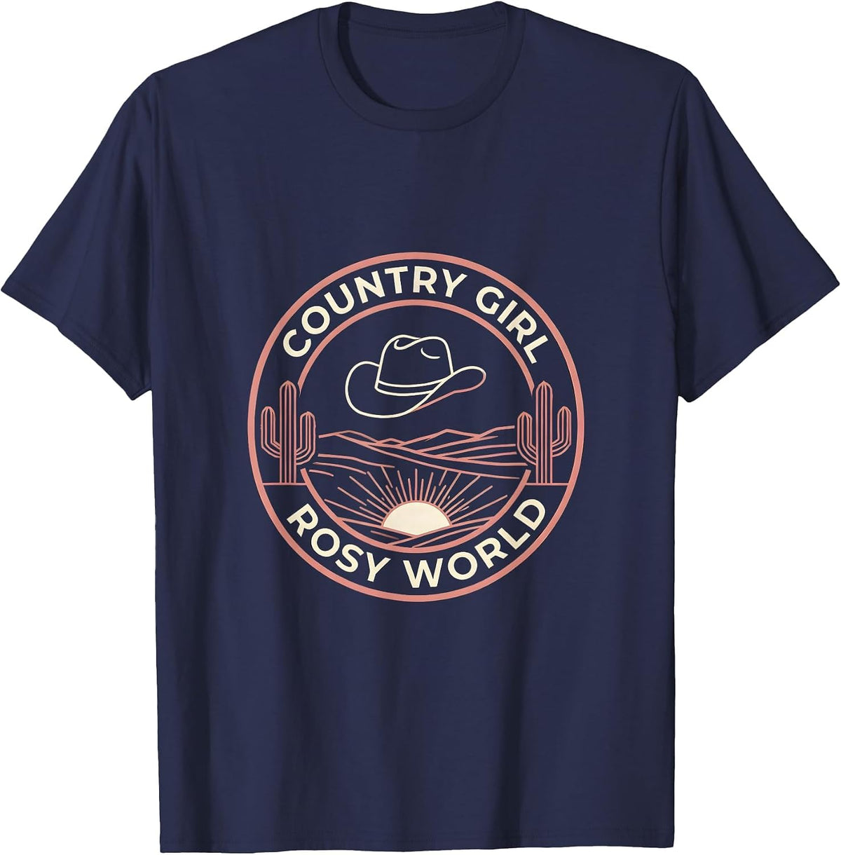 Country Girl Rosy World Pink Cowgirl Design T-Shirt - Navy Blue