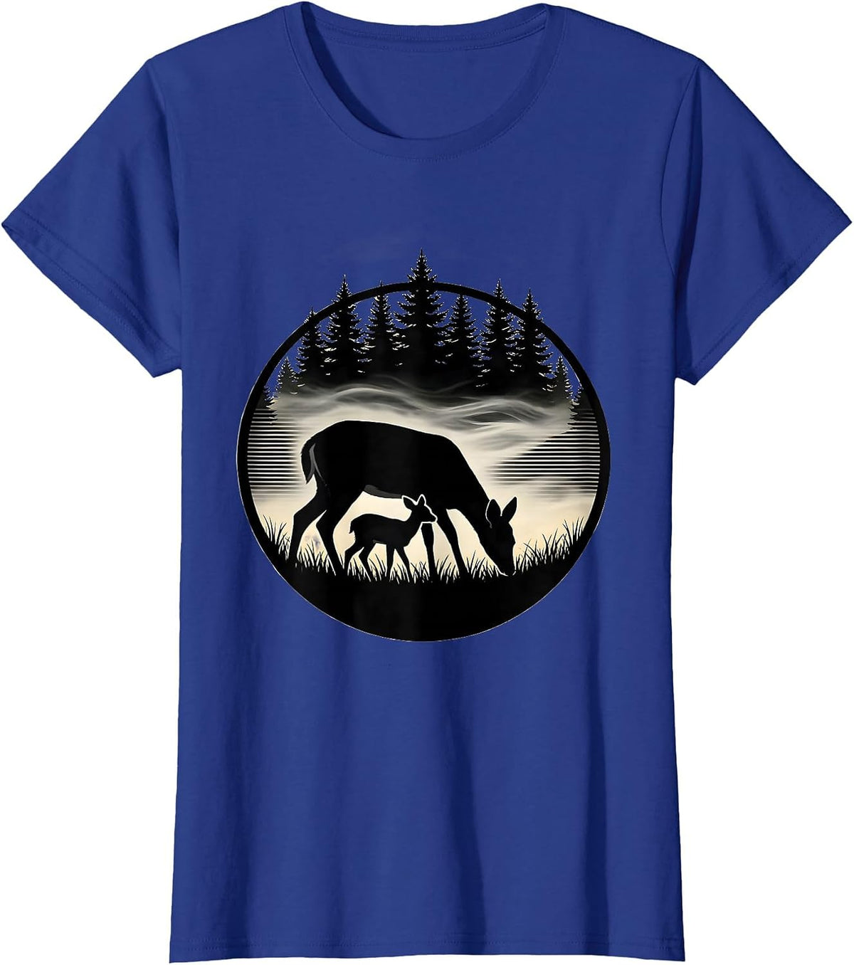 Women's Doe and Fawn Grazing in Meadow Fog Hunting T-Shirt - Royal Blue