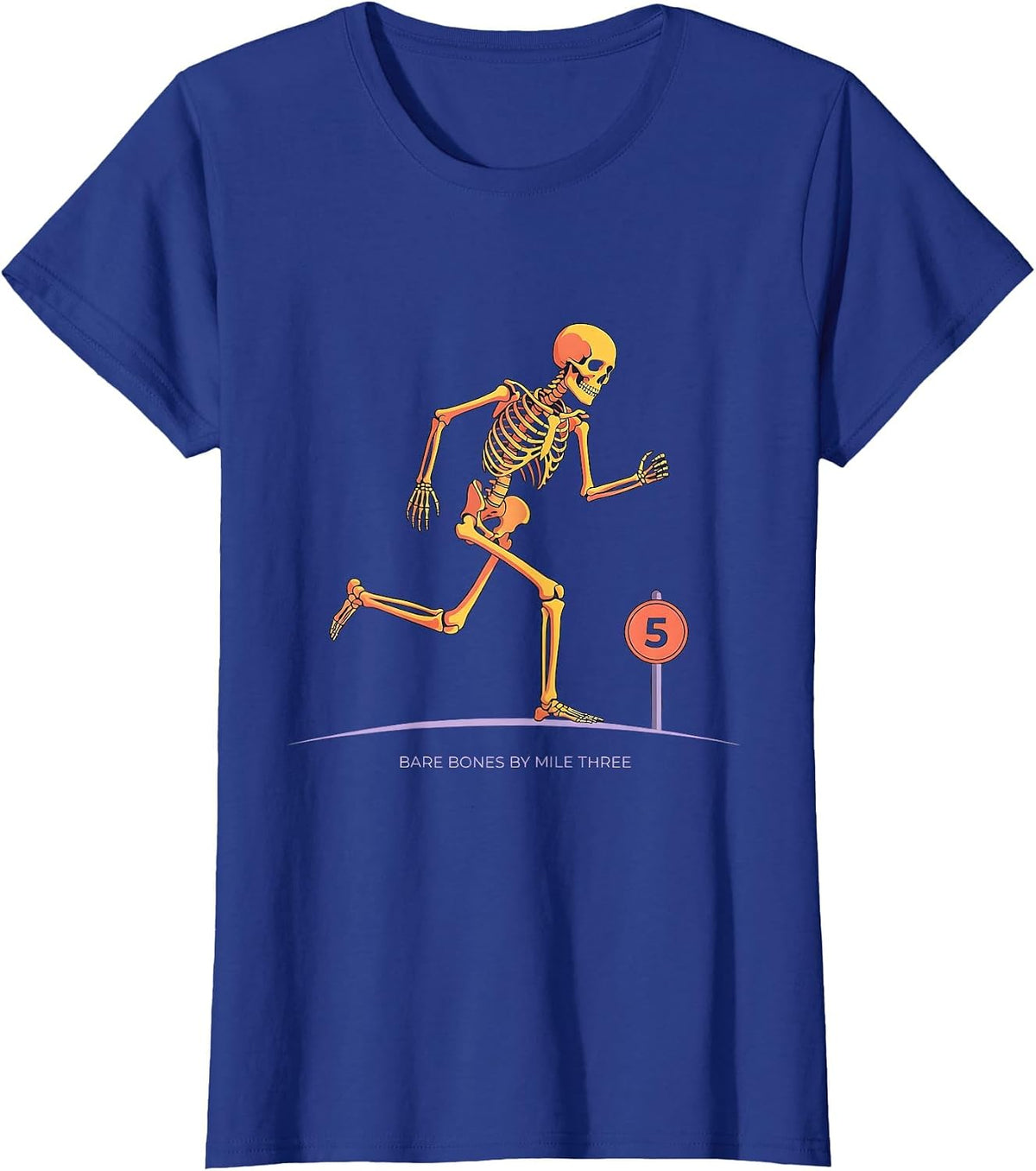 Women's Bare Bones By Mile Three Funny Halloween Running Skeleton 5K T-Shirt - Royal Blue