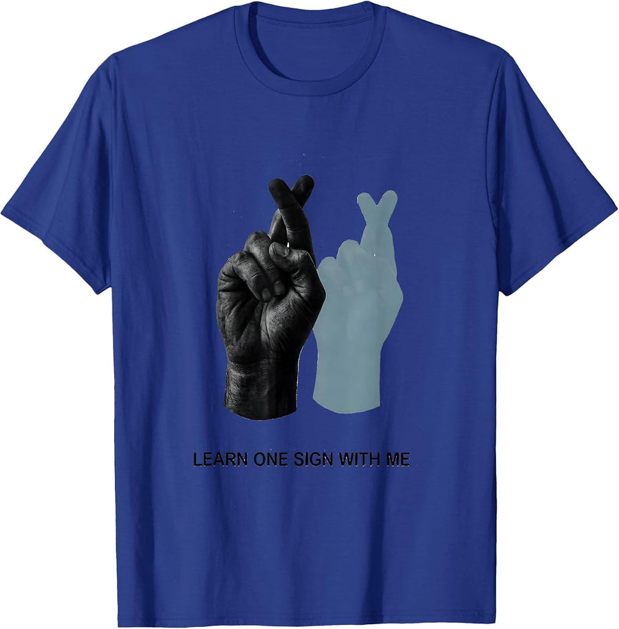 Learn One Sign With Me Minimalist ASL Teacher Deaf Awareness T-Shirt - Royal Blue