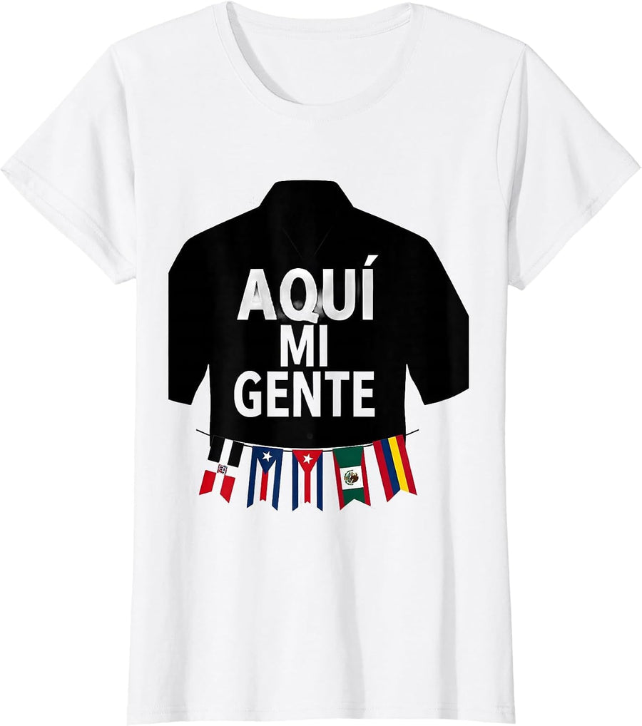 Women's Aquí Mi Gente Hispanic Heritage Month Multi-Flag Pride T-Shirt - White