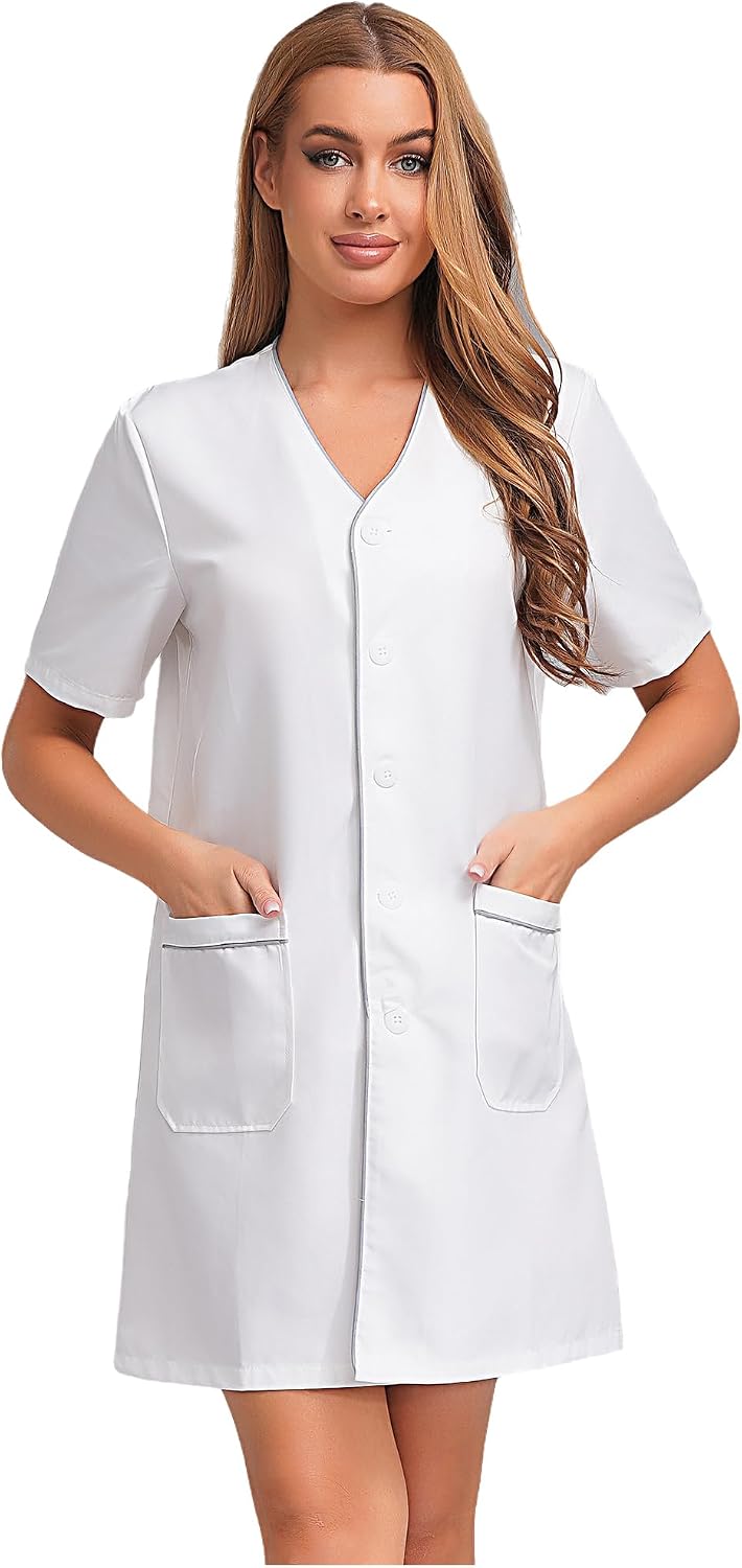 Jhaoyu Women's Salon Uniform Dress V-neck Short Sleeve Work Coat with Pockets for Estheticians Lash Techs - White