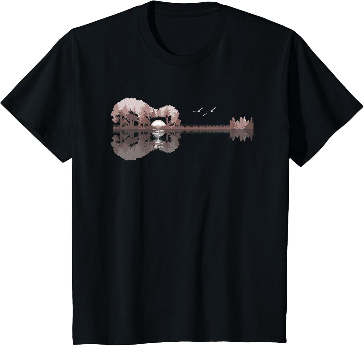 Acoustic Guitar Lake Sunset Guitarist Country Rock Music T-Shirt - Black