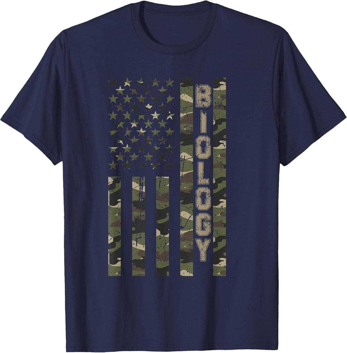 Biology United States Distressed Camo w US Flag T-Shirt - Navy Blue