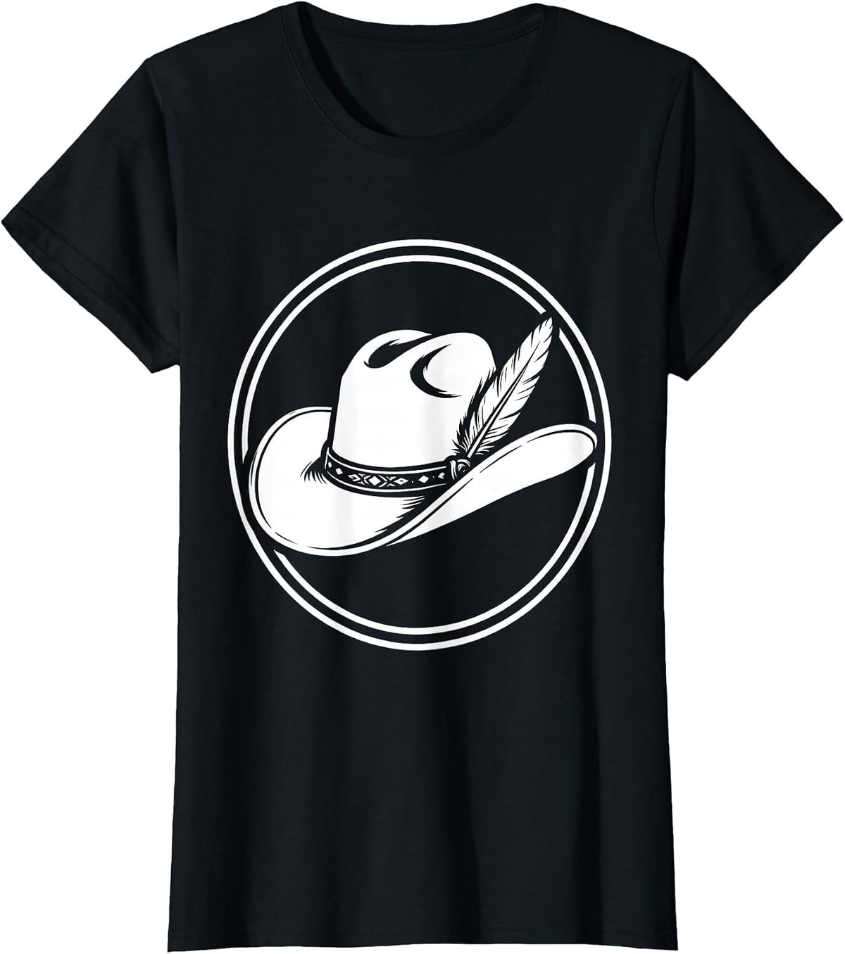 Detailed Cowboy Hat With Feather and Band Graphic T-Shirt - Black