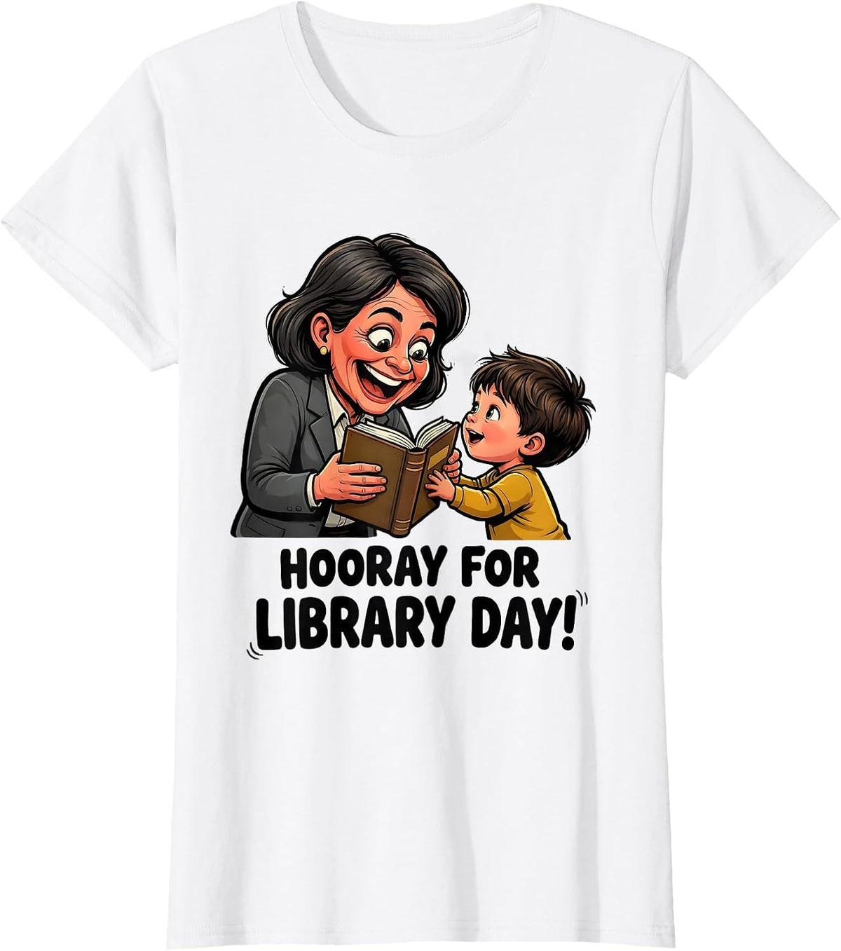 Women's Hooray For Library Day Cartoon Librarian Book Lover School T-Shirt - White