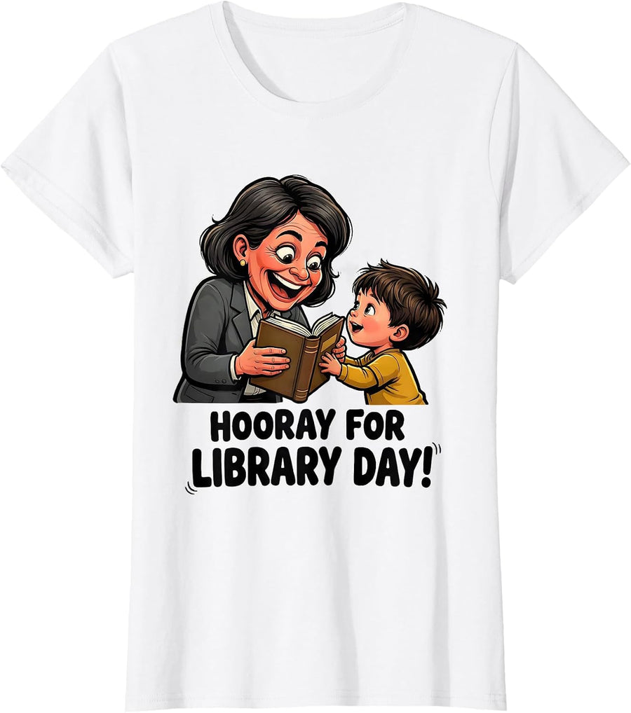 Women's Hooray For Library Day Cartoon Librarian Book Lover School T-Shirt - White