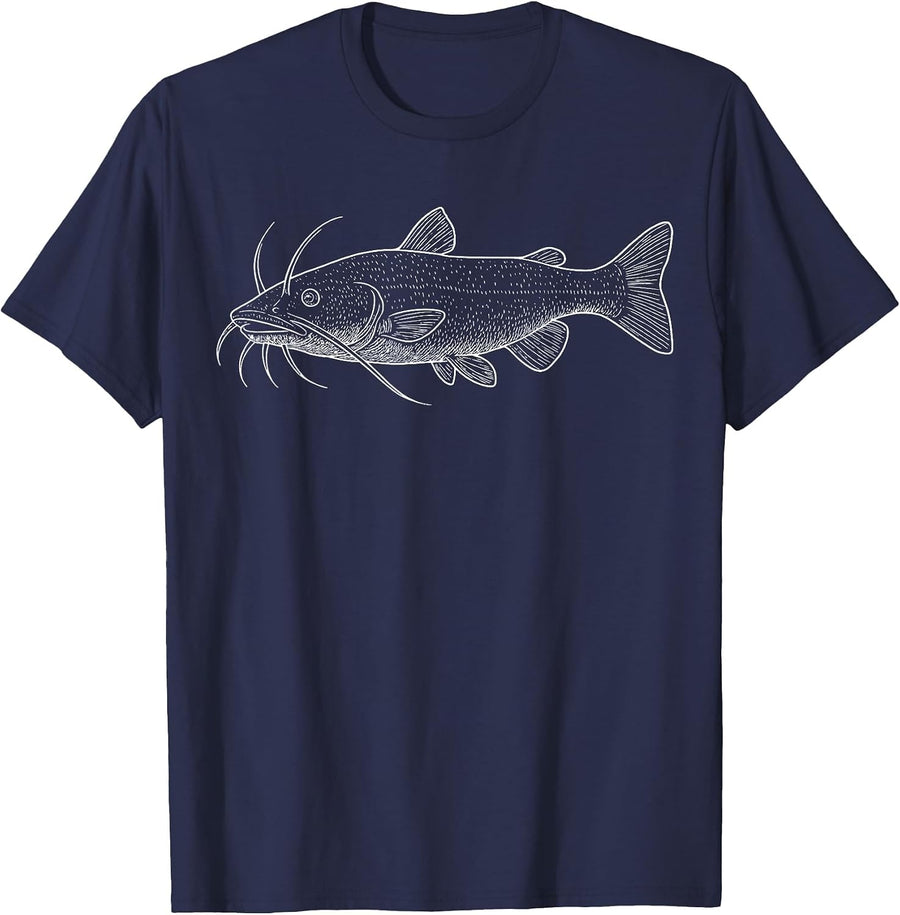 Catfish Illustration Fishing Fisher T-Shirt - Navy Blue