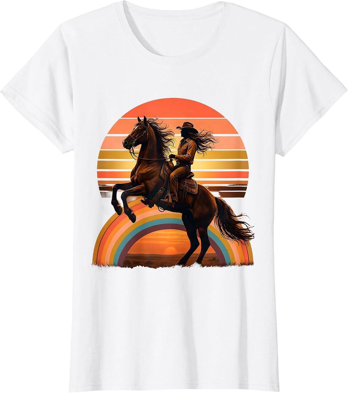 Cowgirl Riding Rearing Stallion Western Art T-Shirt - White