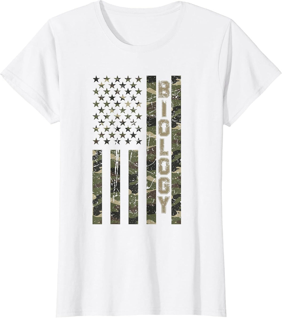 Biology United States Distressed Camo w US Flag T-Shirt - White