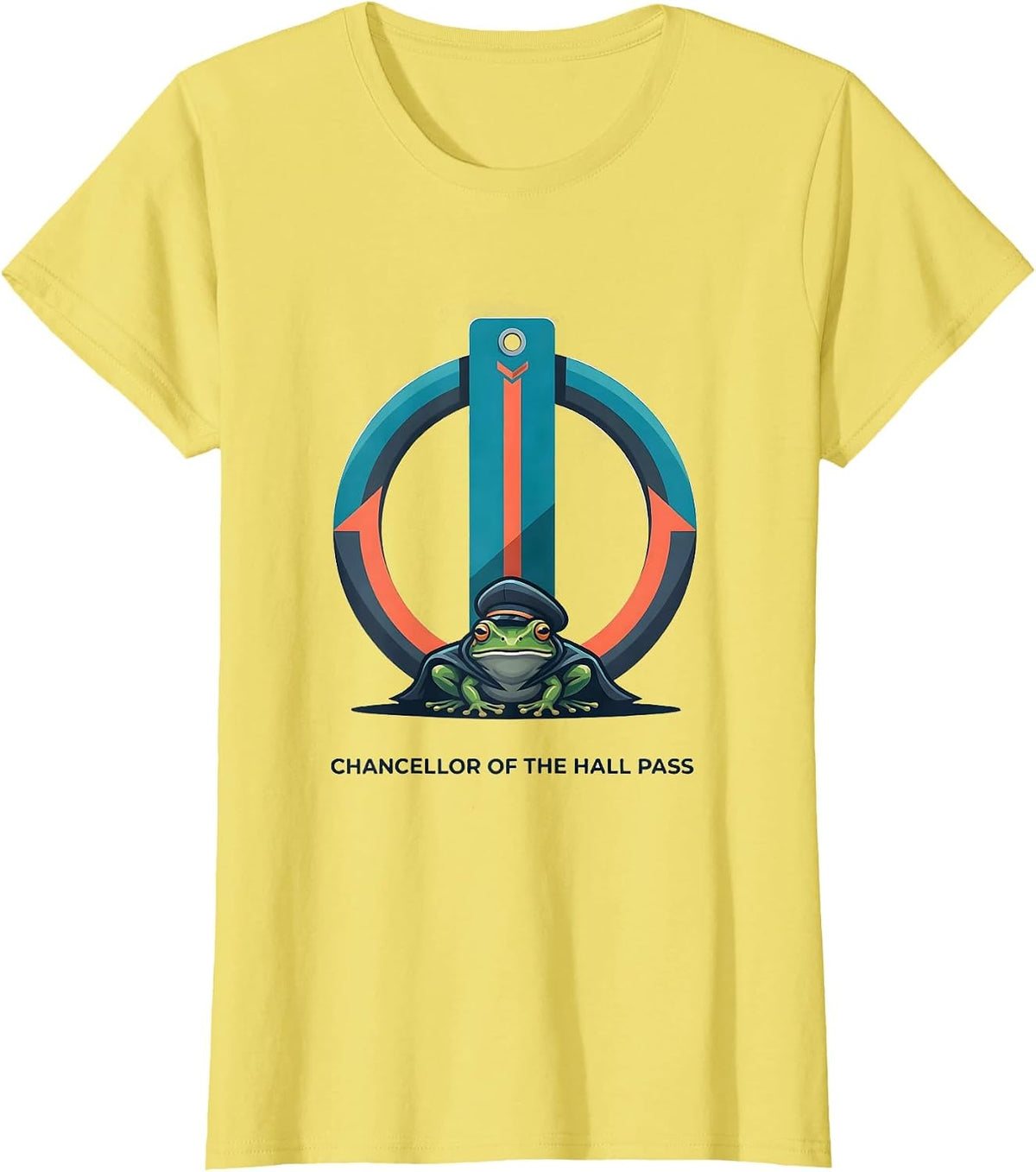 Women's Chancellor of the Hall Pass Funny Frog Teacher Back T-Shirt - Lemon Yellow