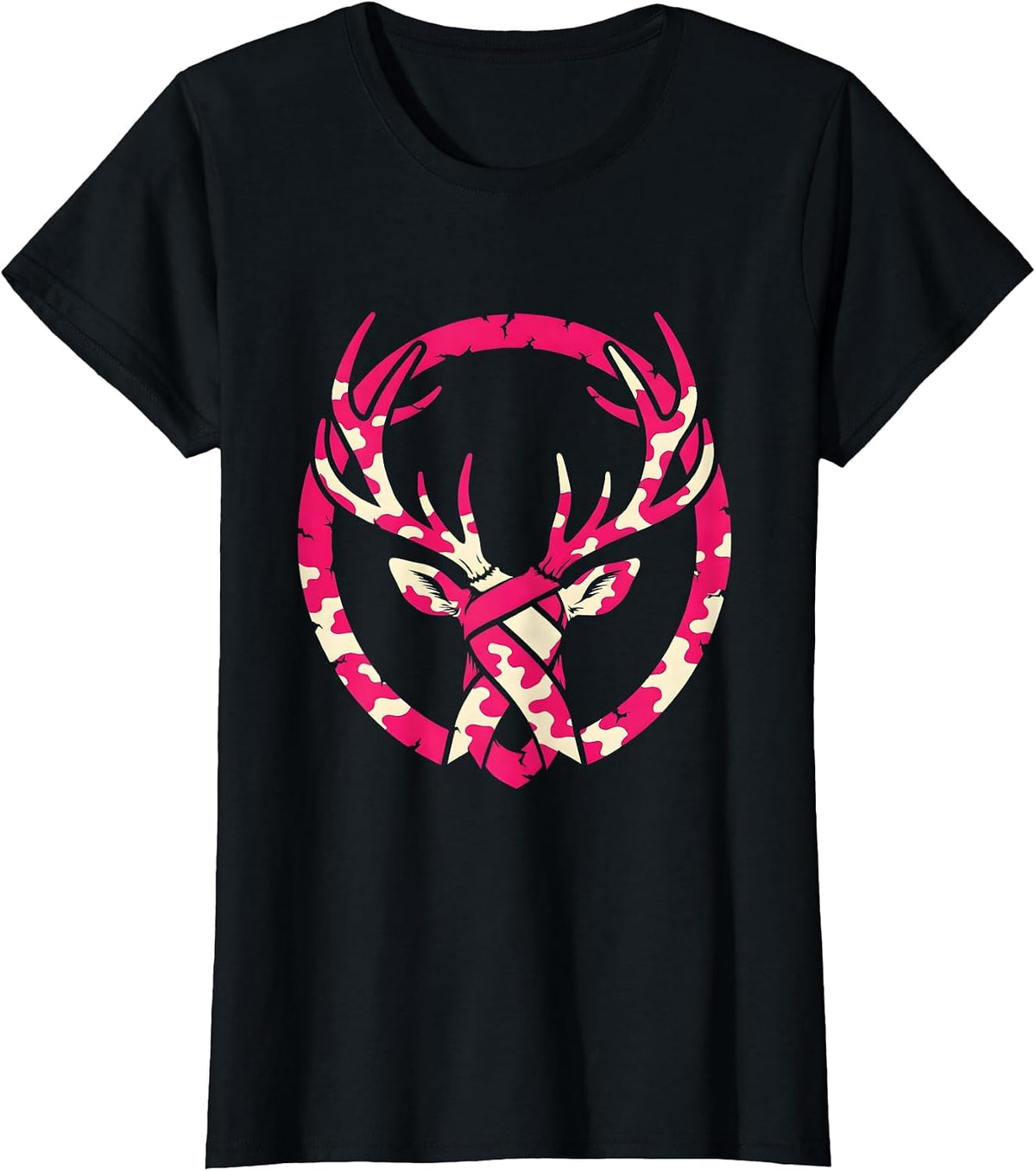 Pink Camo Deer Antlers Ribbon Hunting Design T-Shirt - Black