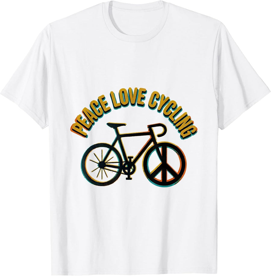 Men's Peace Love Cycling Retro Hippie Peace Sign Nostalgia T-Shirt - White