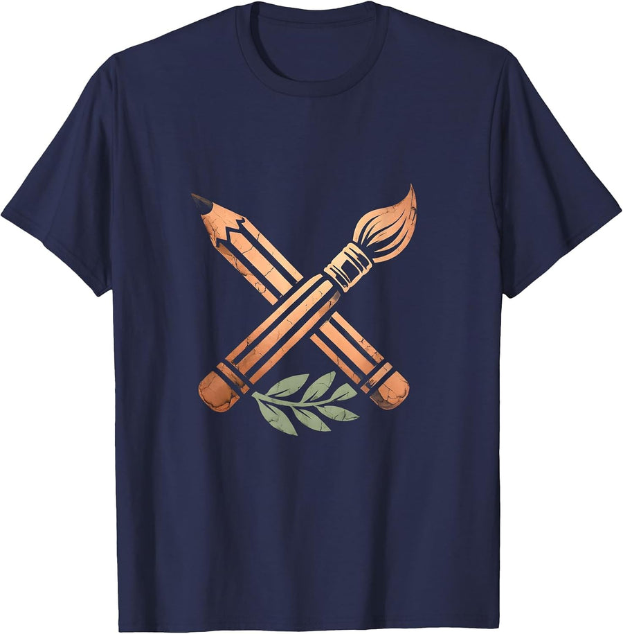 Crossed Pencil and Paintbrush Emblem Graphic T-Shirt - Navy Blue